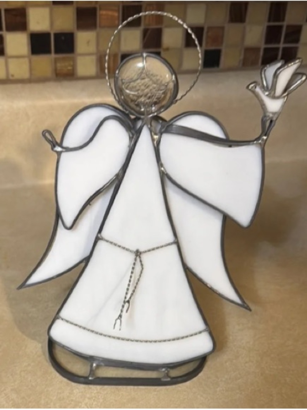 White Stained Glass Angel Figurine with Leaded Metal Trim